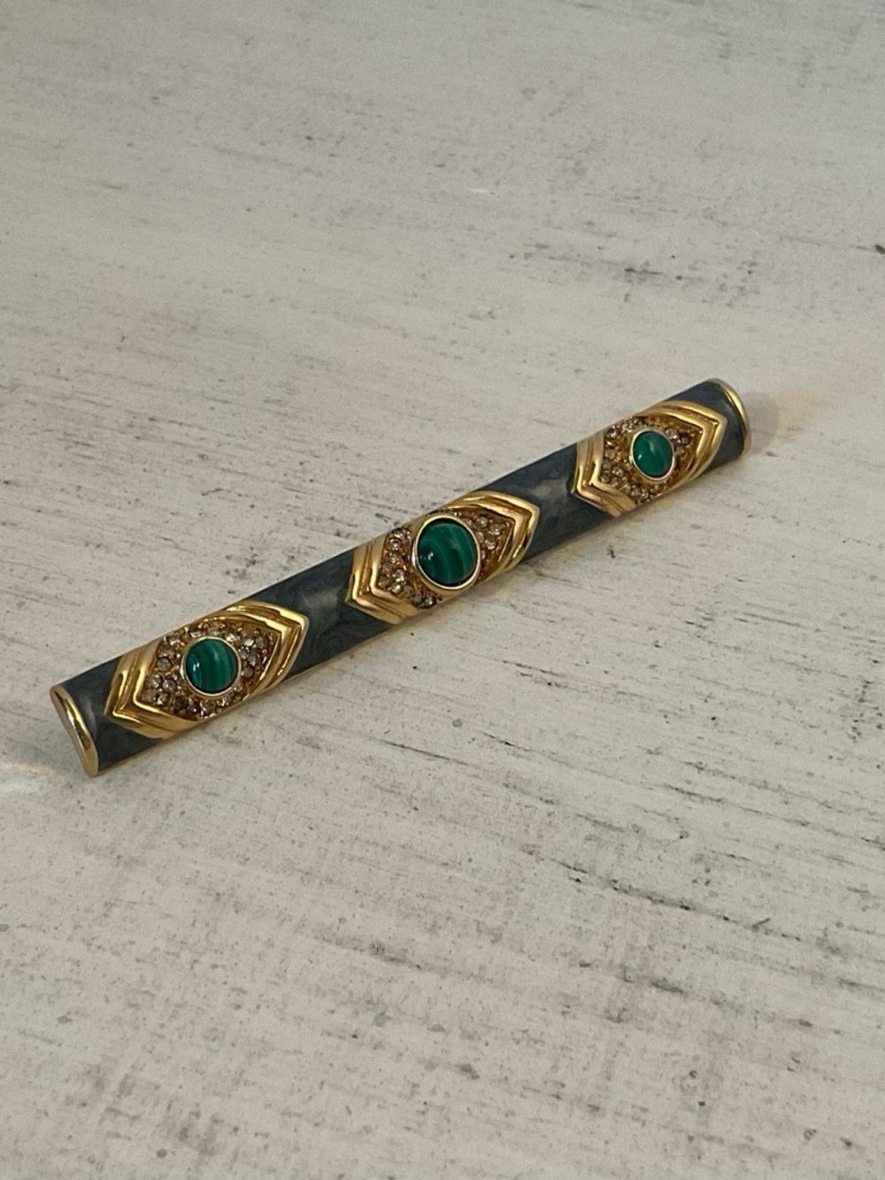 Enamel Bar Brooch with Malachite Stones